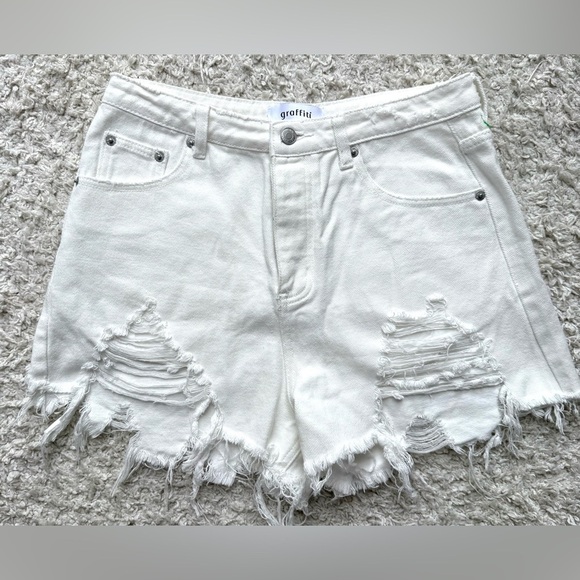 Pants - Women's graffiti Denim Shorts Size L White Distressed